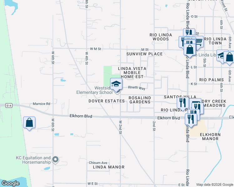 map of restaurants, bars, coffee shops, grocery stores, and more near 6537 West 2nd Street in Rio Linda