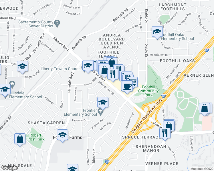 map of restaurants, bars, coffee shops, grocery stores, and more near 6929 Silverthorne Circle in Sacramento