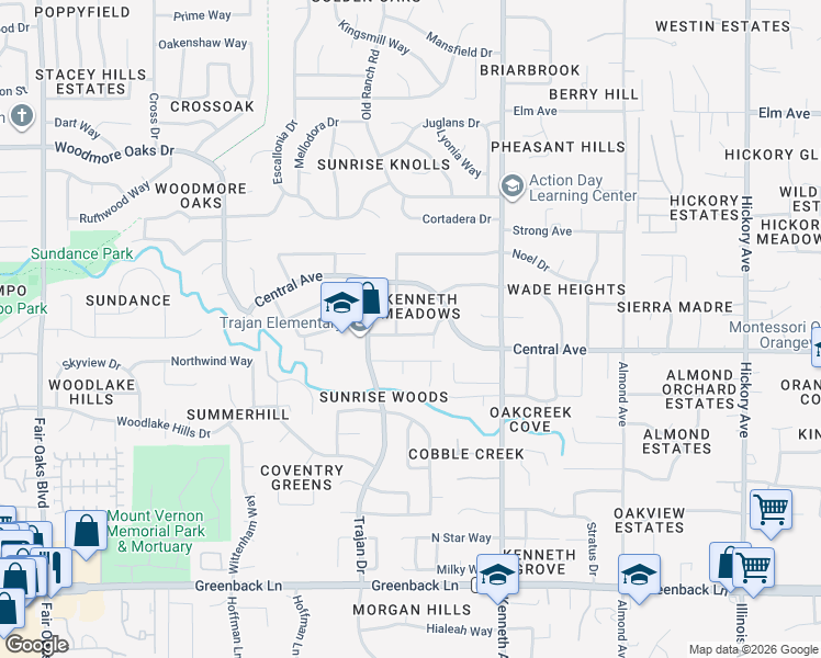 map of restaurants, bars, coffee shops, grocery stores, and more near 8411 Woodmore Drive in Orangevale