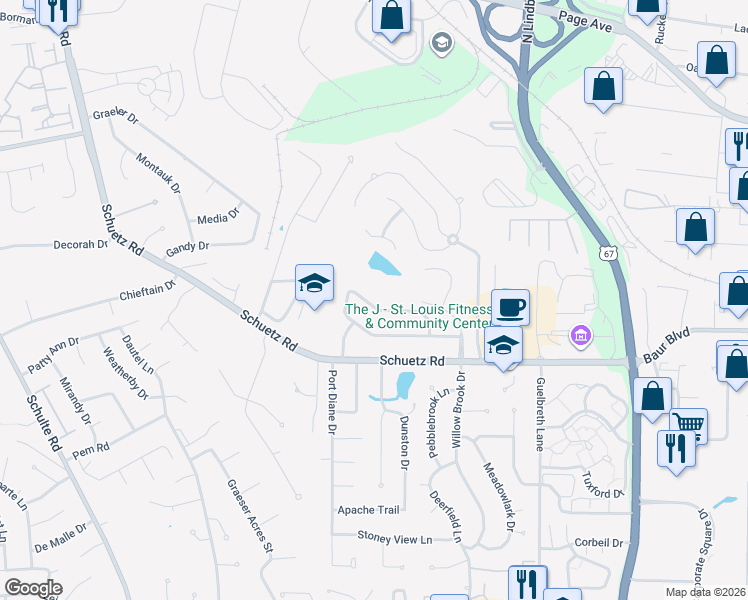 map of restaurants, bars, coffee shops, grocery stores, and more near 11175 Crickett Hill Drive in St. Louis