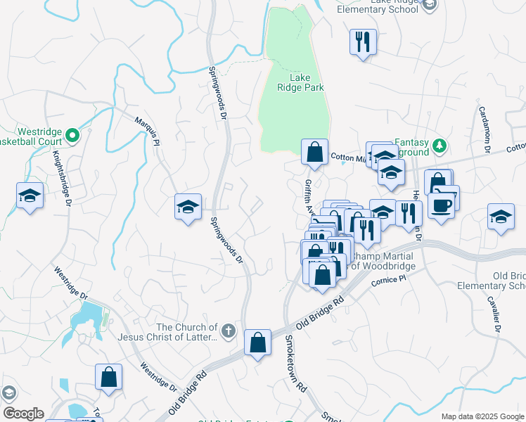 map of restaurants, bars, coffee shops, grocery stores, and more near 12227 Stevenson Court in Woodbridge