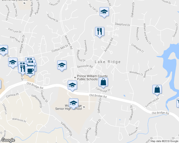 map of restaurants, bars, coffee shops, grocery stores, and more near 12330 Chickasaw Court in Woodbridge