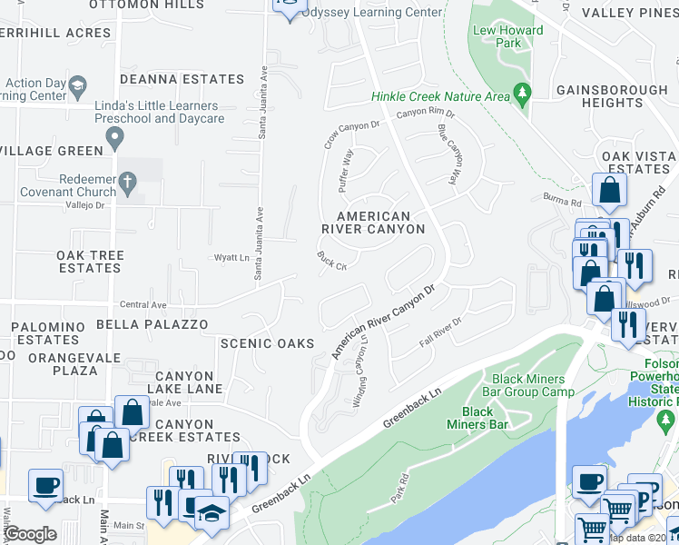 map of restaurants, bars, coffee shops, grocery stores, and more near 108 Buck Circle in Folsom