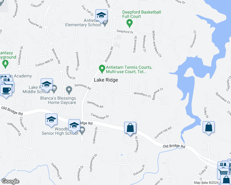 map of restaurants, bars, coffee shops, grocery stores, and more near 12309 Woodlawn Court in Woodbridge