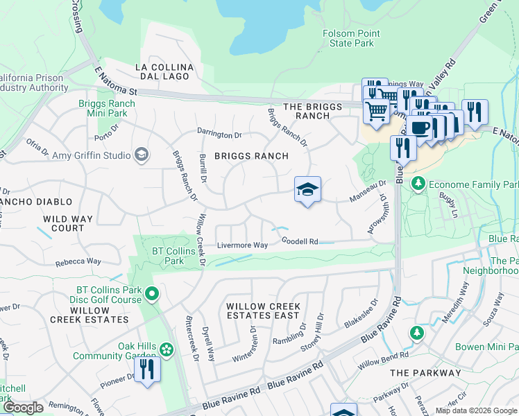 map of restaurants, bars, coffee shops, grocery stores, and more near 102 Deeley Court in Folsom