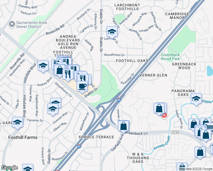 map of restaurants, bars, coffee shops, grocery stores, and more near 5510 Diablo Drive in Sacramento