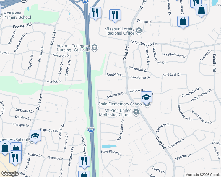 map of restaurants, bars, coffee shops, grocery stores, and more near 12163 Plainsman Drive in St. Louis