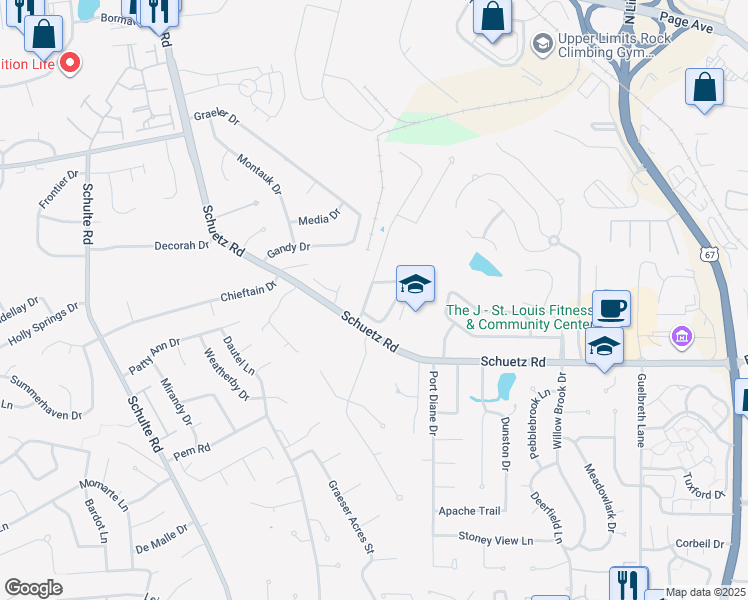 map of restaurants, bars, coffee shops, grocery stores, and more near 1434 Meadowside Drive in Saint Louis