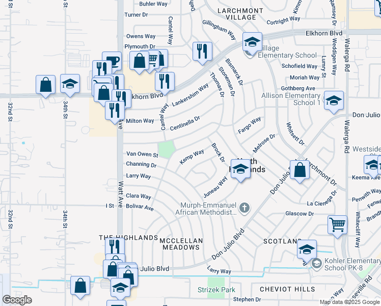 map of restaurants, bars, coffee shops, grocery stores, and more near 6533 Kemp Way in North Highlands
