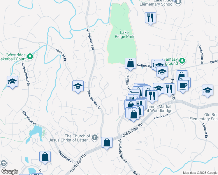 map of restaurants, bars, coffee shops, grocery stores, and more near 12231 Stevenson Court in Woodbridge