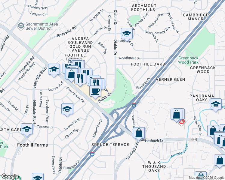 map of restaurants, bars, coffee shops, grocery stores, and more near 5469 Diablo Drive in Sacramento