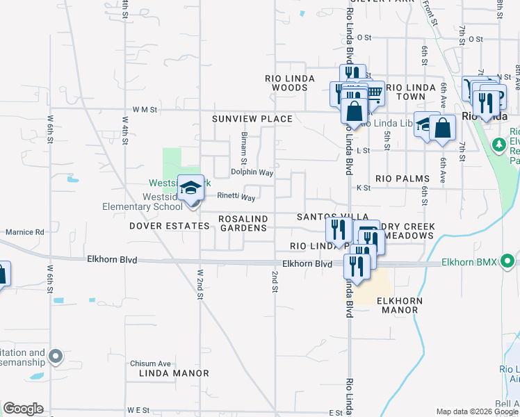 map of restaurants, bars, coffee shops, grocery stores, and more near 137 Withington Avenue in Rio Linda