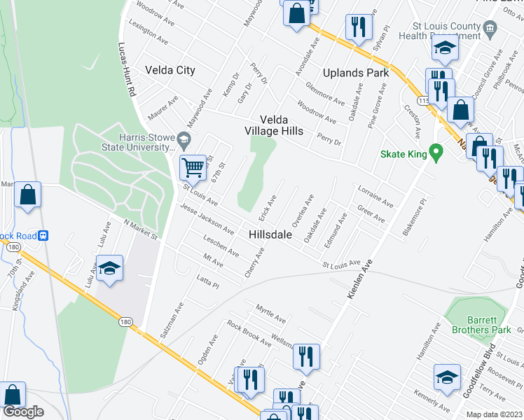 map of restaurants, bars, coffee shops, grocery stores, and more near 2117 Erick Avenue in St. Louis