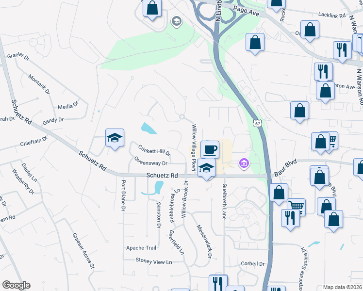 map of restaurants, bars, coffee shops, grocery stores, and more near 1414 Willow Brook Cove Court in St. Louis