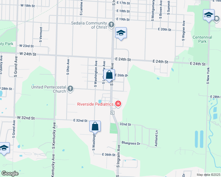 map of restaurants, bars, coffee shops, grocery stores, and more near 2720 South Ingram Avenue in Sedalia