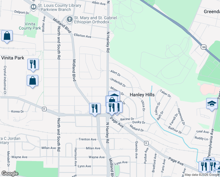 map of restaurants, bars, coffee shops, grocery stores, and more near 1816 North Hanley Road in St. Louis