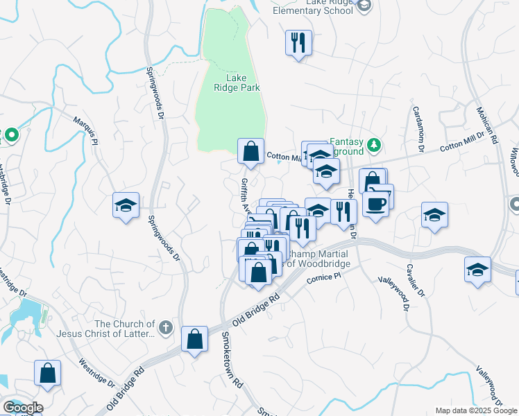 map of restaurants, bars, coffee shops, grocery stores, and more near 12309 Ashmont Court in Woodbridge