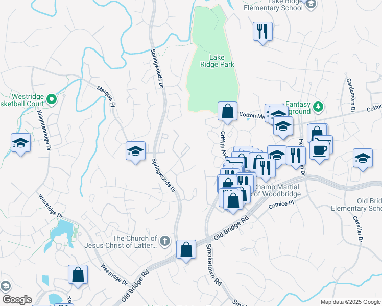 map of restaurants, bars, coffee shops, grocery stores, and more near 12241 Stevenson Court in Woodbridge