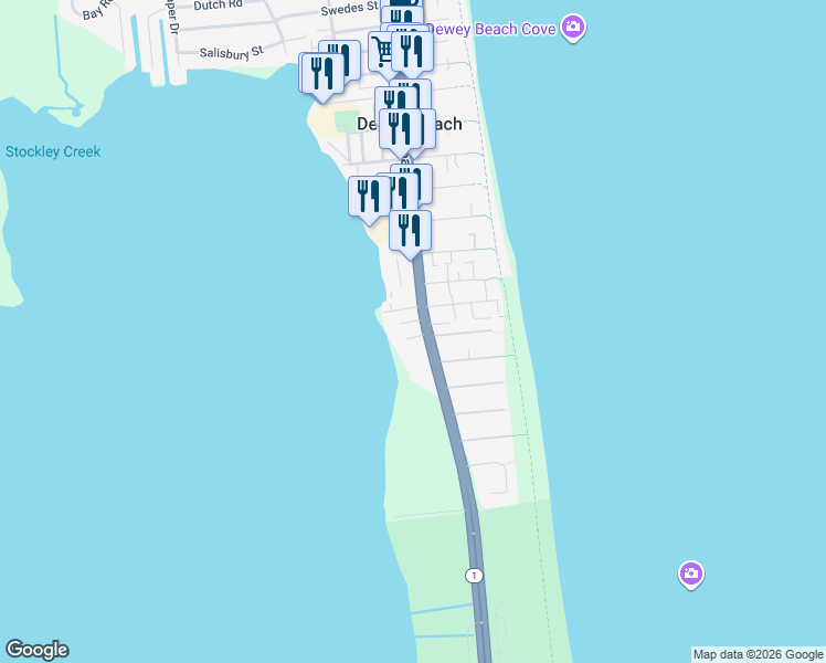 map of restaurants, bars, coffee shops, grocery stores, and more near 38761 Bayberry Lane in Rehoboth Beach