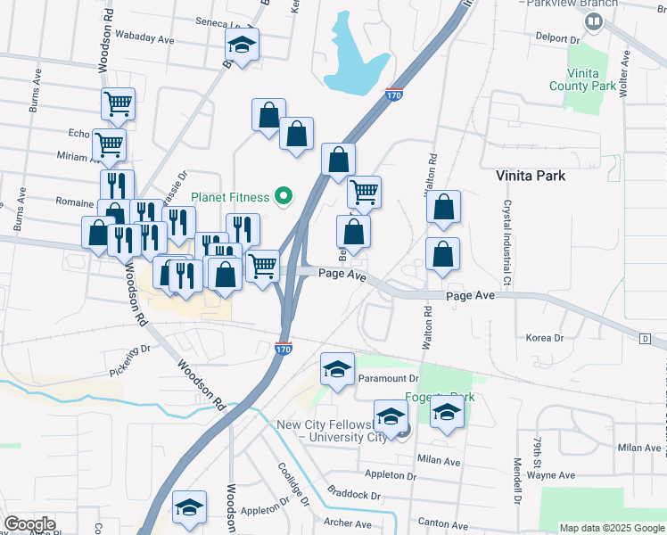 map of restaurants, bars, coffee shops, grocery stores, and more near 8825 Page Avenue in Overland