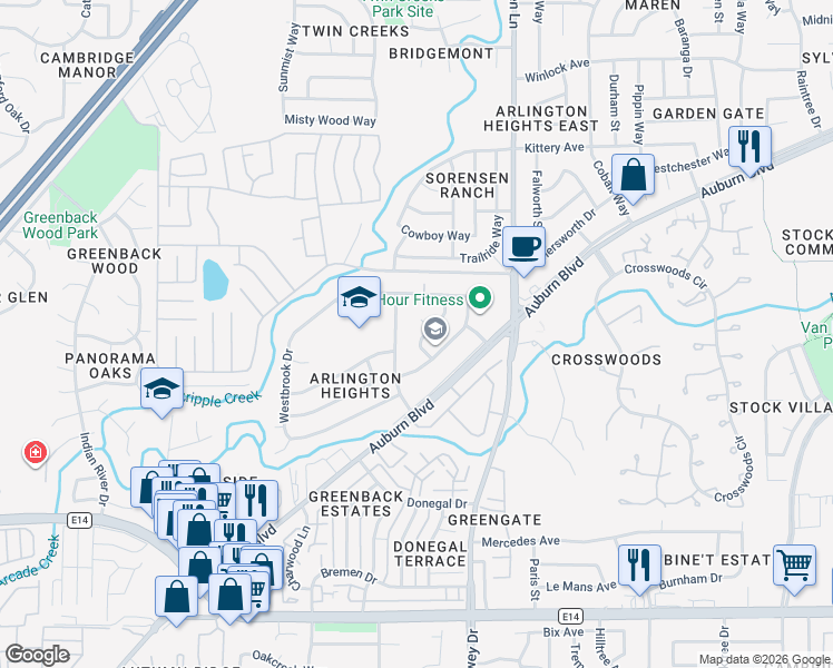 map of restaurants, bars, coffee shops, grocery stores, and more near 6617 Wellsboro Way in Citrus Heights