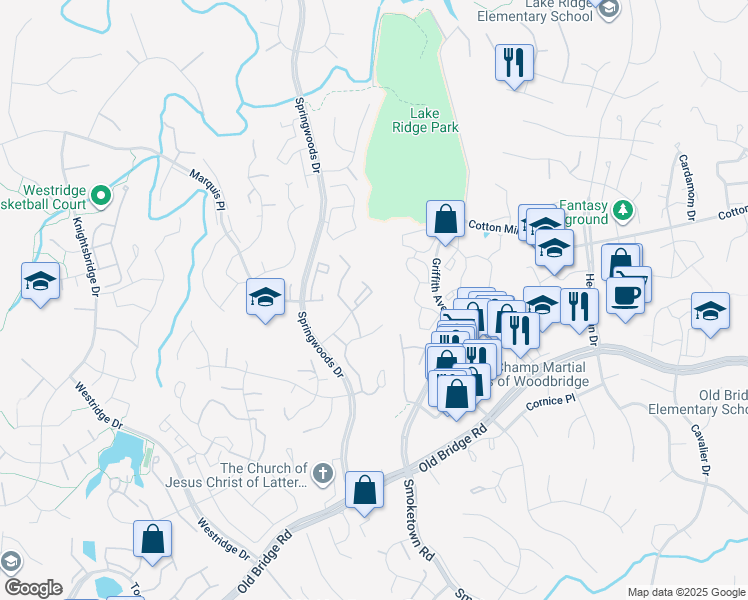 map of restaurants, bars, coffee shops, grocery stores, and more near 12241 Stevenson Court in Woodbridge