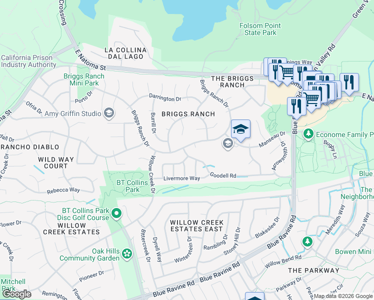 map of restaurants, bars, coffee shops, grocery stores, and more near 102 Deeley Court in Folsom
