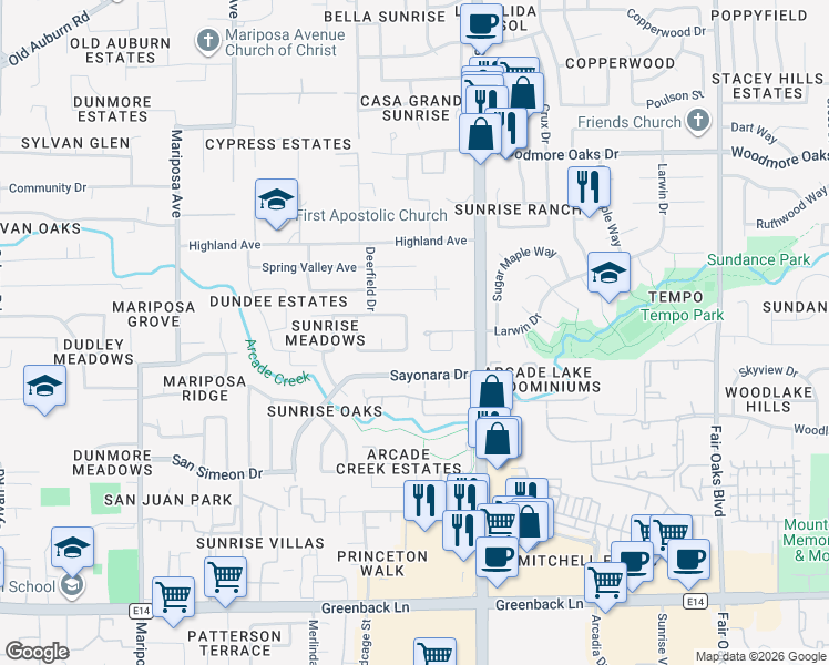 map of restaurants, bars, coffee shops, grocery stores, and more near 7878 Lawrence Avenue in Citrus Heights