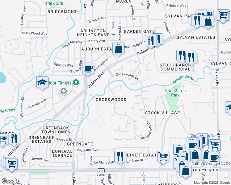 map of restaurants, bars, coffee shops, grocery stores, and more near in Citrus Heights