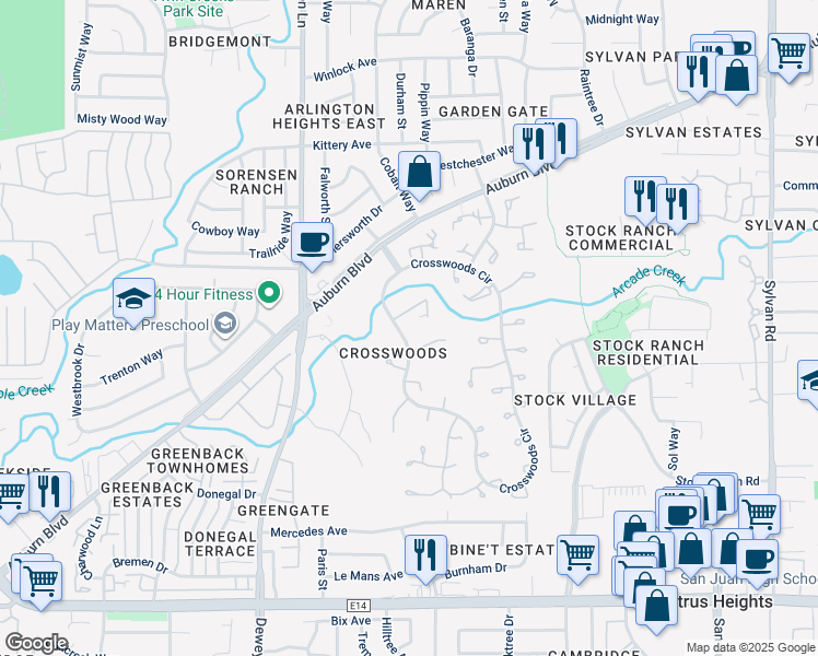 map of restaurants, bars, coffee shops, grocery stores, and more near 6900 Vera Cruz Court in Citrus Heights