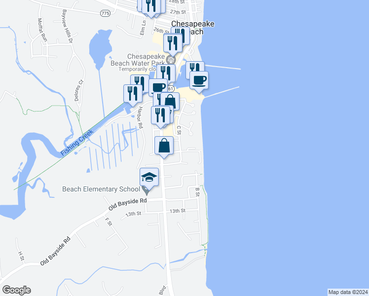 map of restaurants, bars, coffee shops, grocery stores, and more near 4002 17th Street in Chesapeake Beach