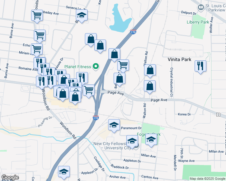 map of restaurants, bars, coffee shops, grocery stores, and more near 8800 Page Avenue in St. Louis