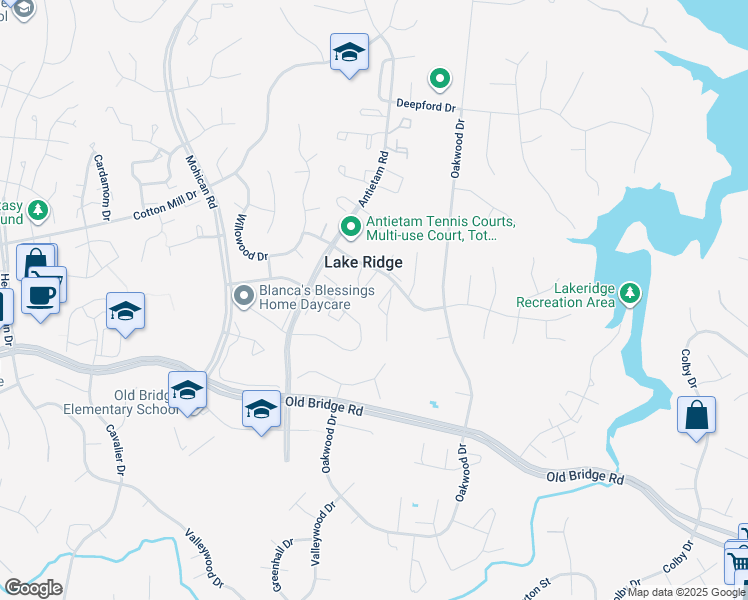 map of restaurants, bars, coffee shops, grocery stores, and more near 12320 Woodlawn Court in Woodbridge