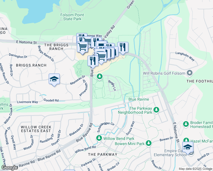 map of restaurants, bars, coffee shops, grocery stores, and more near 1527 Bonanza Lane in Folsom