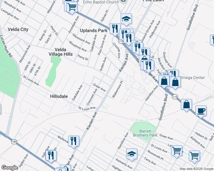 map of restaurants, bars, coffee shops, grocery stores, and more near 6206 Lorraine Avenue in St. Louis