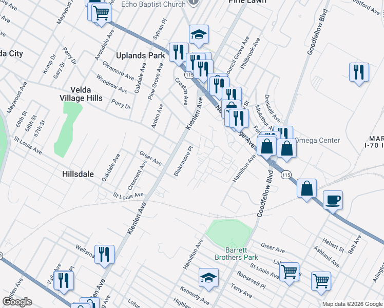 map of restaurants, bars, coffee shops, grocery stores, and more near 32 Blakemore Place in St. Louis