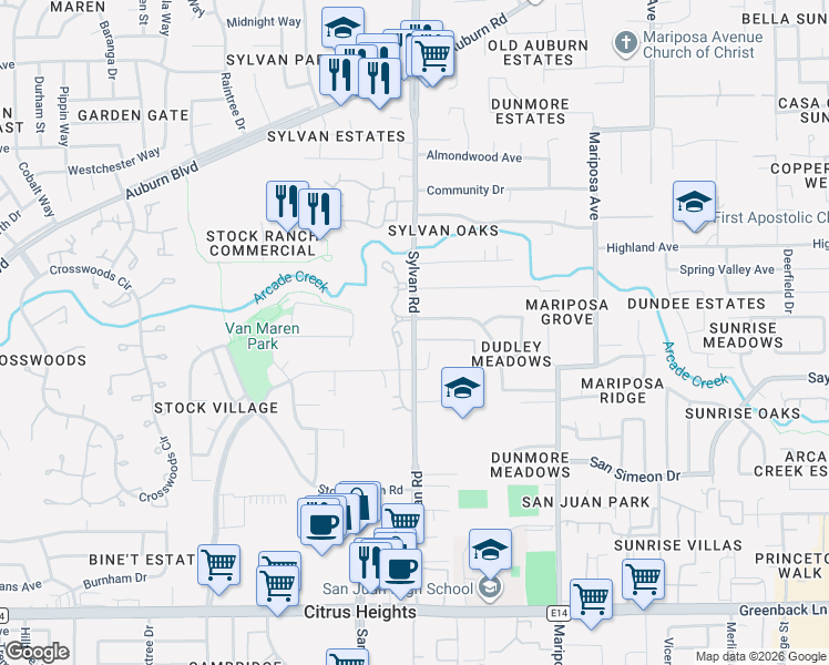 map of restaurants, bars, coffee shops, grocery stores, and more near 6617 Raywood Court in Citrus Heights
