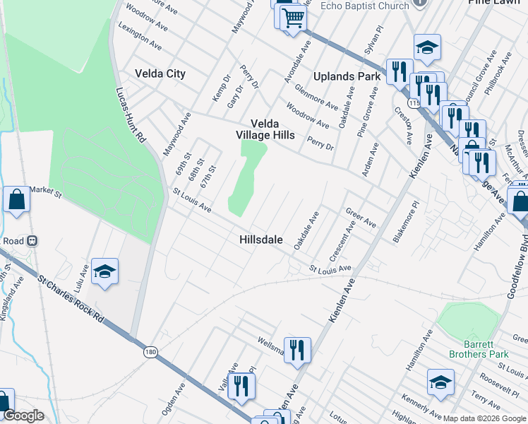 map of restaurants, bars, coffee shops, grocery stores, and more near 2117 Erick Avenue in St. Louis