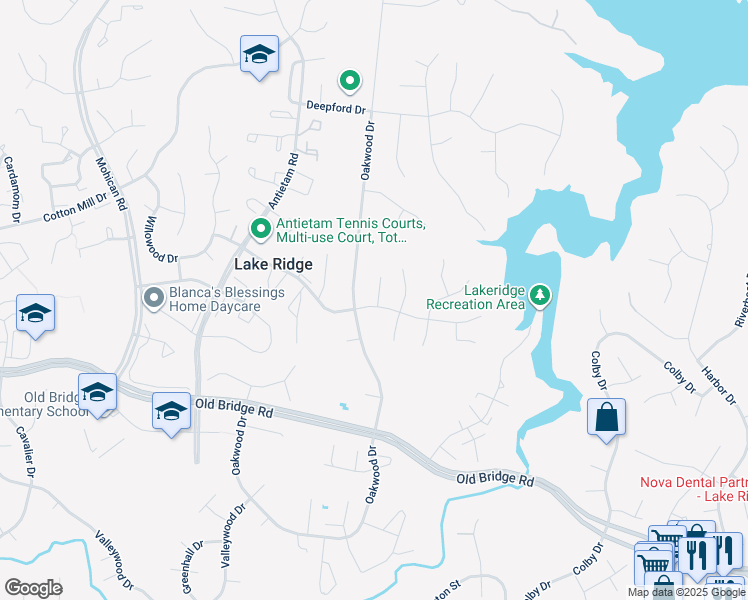 map of restaurants, bars, coffee shops, grocery stores, and more near 2718 Woodfern Court in Woodbridge