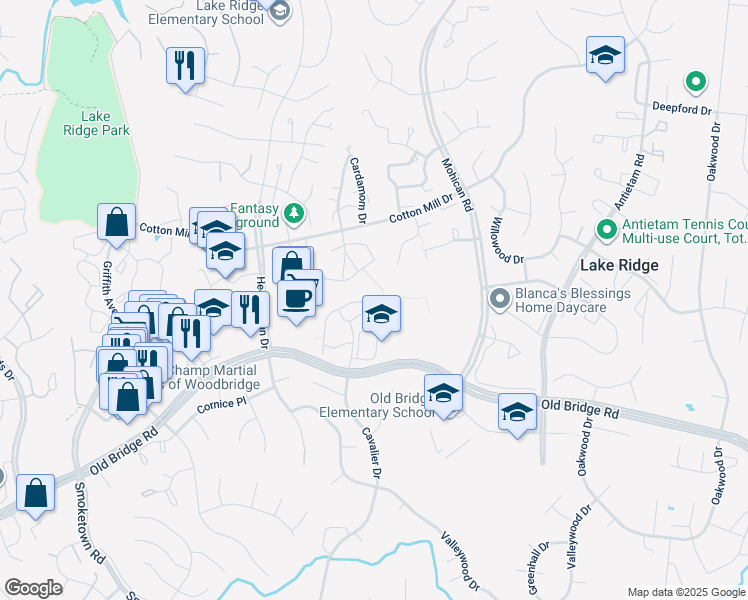 map of restaurants, bars, coffee shops, grocery stores, and more near 3206 Ridge View Court in Woodbridge