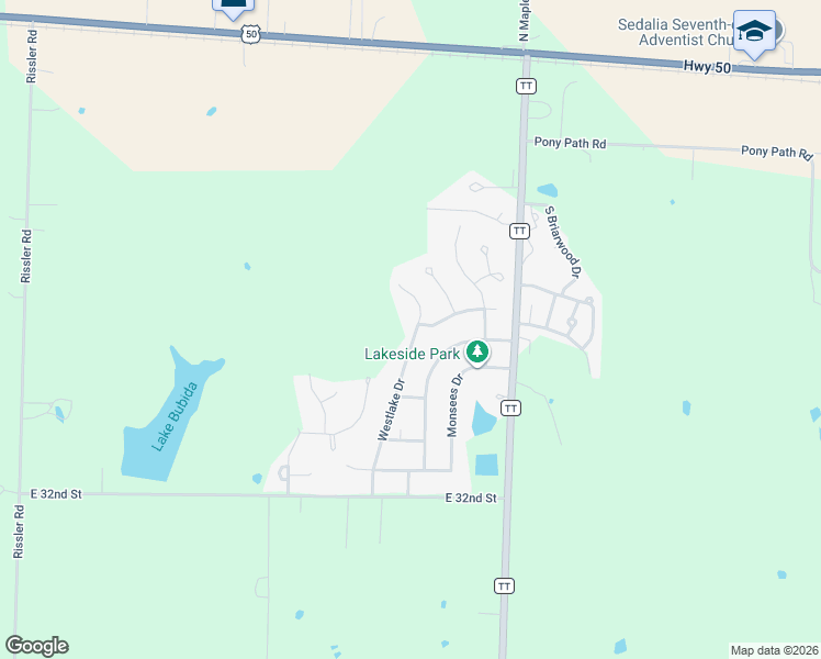 map of restaurants, bars, coffee shops, grocery stores, and more near 2800 Westlake Drive in Sedalia