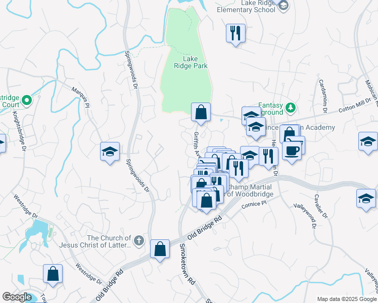 map of restaurants, bars, coffee shops, grocery stores, and more near 12311 Pond Run Drive in Lake Ridge