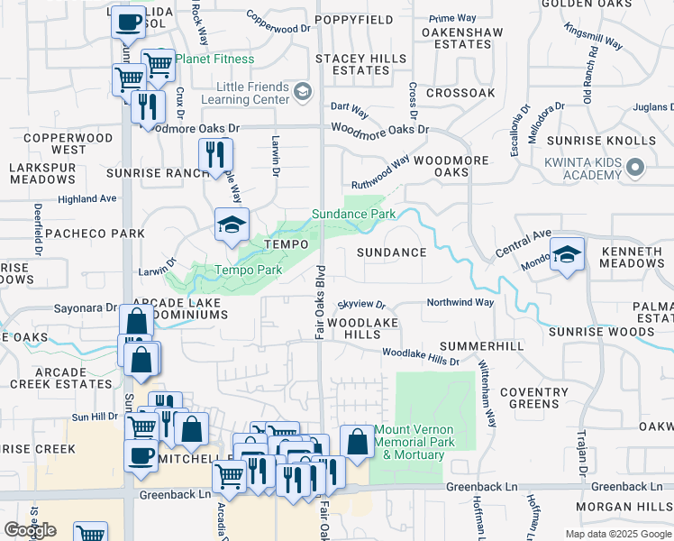 map of restaurants, bars, coffee shops, grocery stores, and more near 6608 Cavalry Court in Orangevale