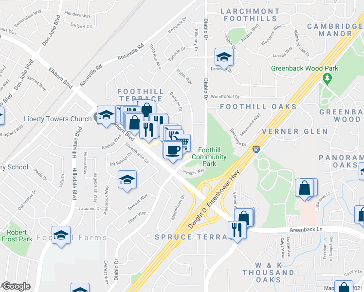 map of restaurants, bars, coffee shops, grocery stores, and more near 5412 Karm Way in Sacramento