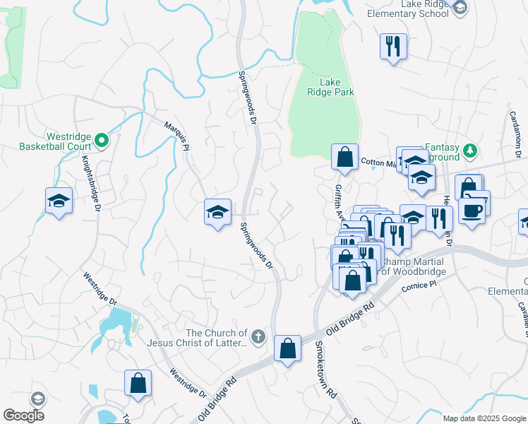 map of restaurants, bars, coffee shops, grocery stores, and more near 12315 Wadsworth Way in Woodbridge