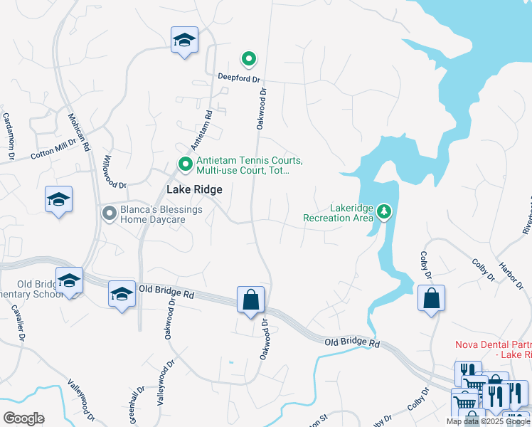 map of restaurants, bars, coffee shops, grocery stores, and more near 2718 Woodfern Court in Woodbridge