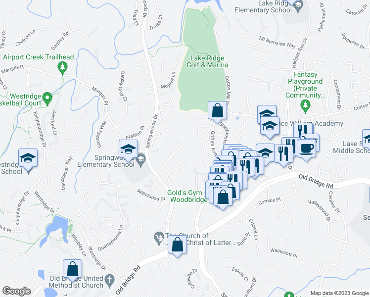 map of restaurants, bars, coffee shops, grocery stores, and more near 12255 Stevenson Court in Woodbridge