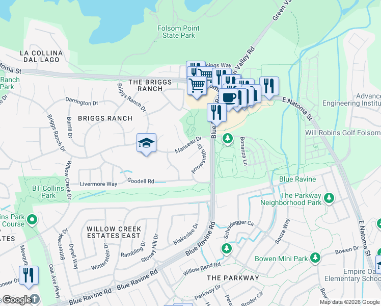 map of restaurants, bars, coffee shops, grocery stores, and more near 110 Maderos Court in Folsom