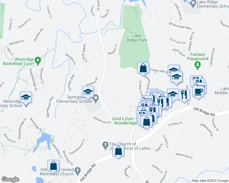 map of restaurants, bars, coffee shops, grocery stores, and more near 12212 Stevenson Court in Woodbridge