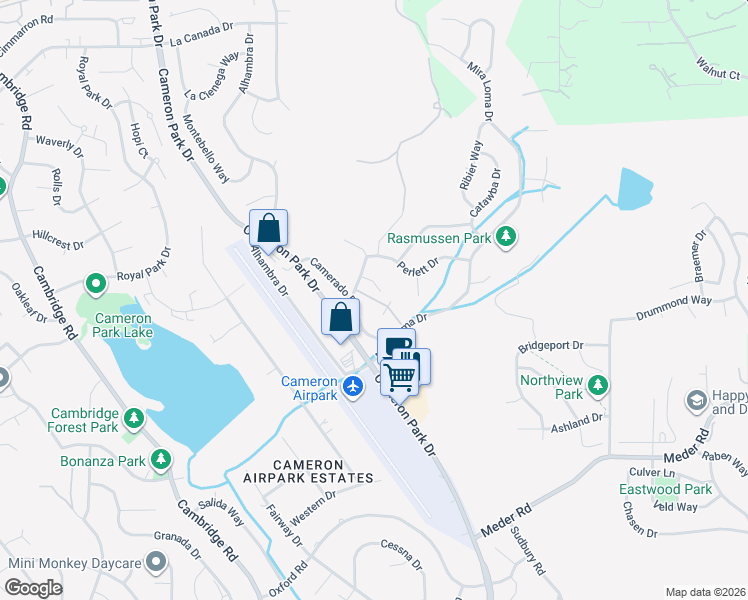 map of restaurants, bars, coffee shops, grocery stores, and more near 3430 Virada Road in Cameron Park